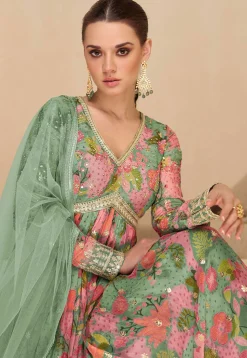Digital Printed Georgette Abaya Style Suit in Dusty Green and Pink