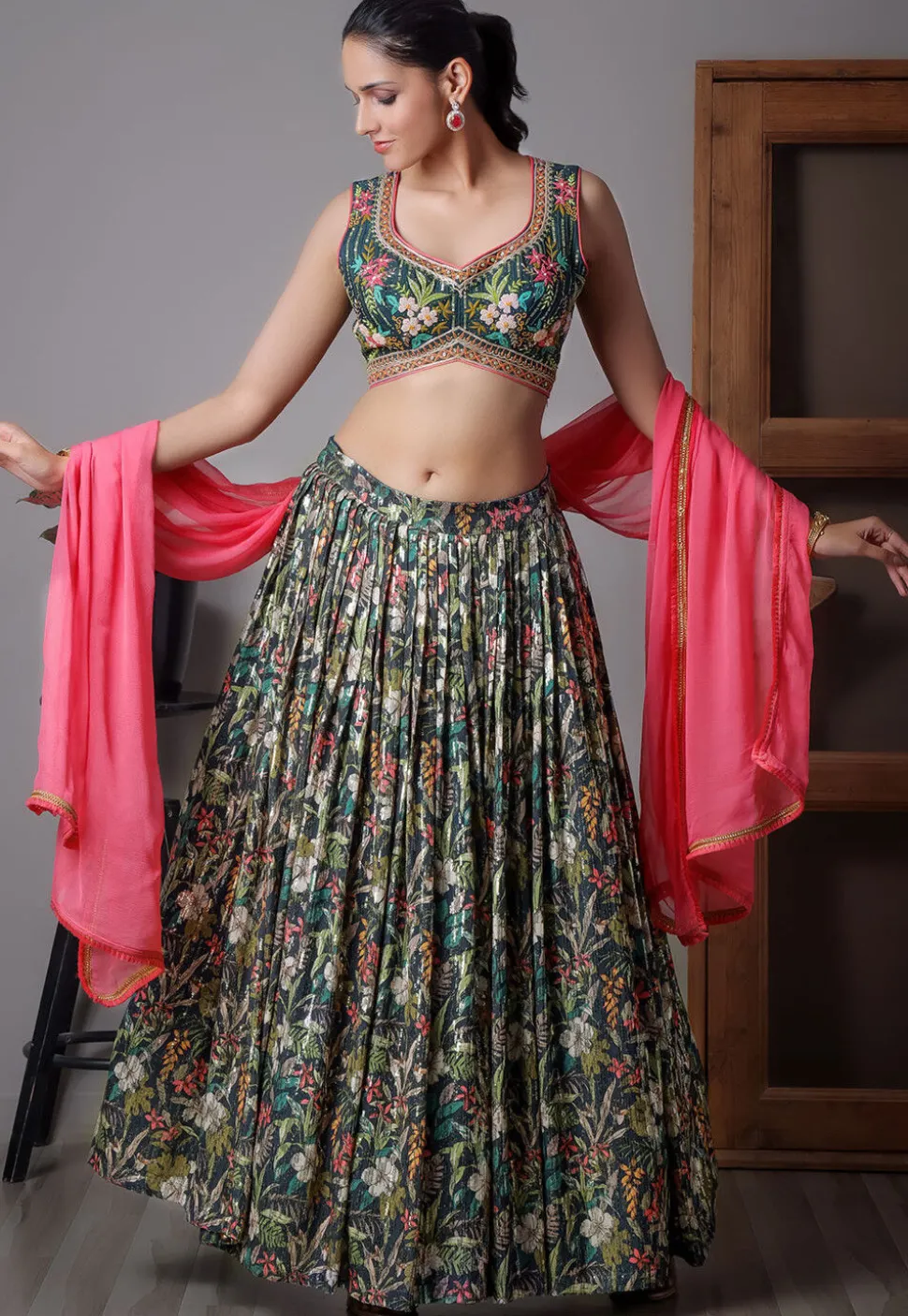 Digital Printed Georgette Lehenga in Black