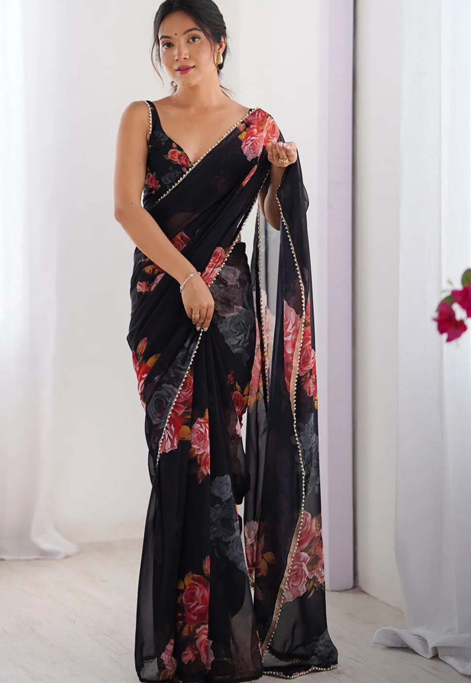 Digital Printed Georgette Saree in Black