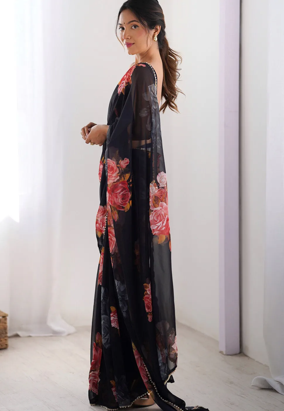 Digital Printed Georgette Saree in Black