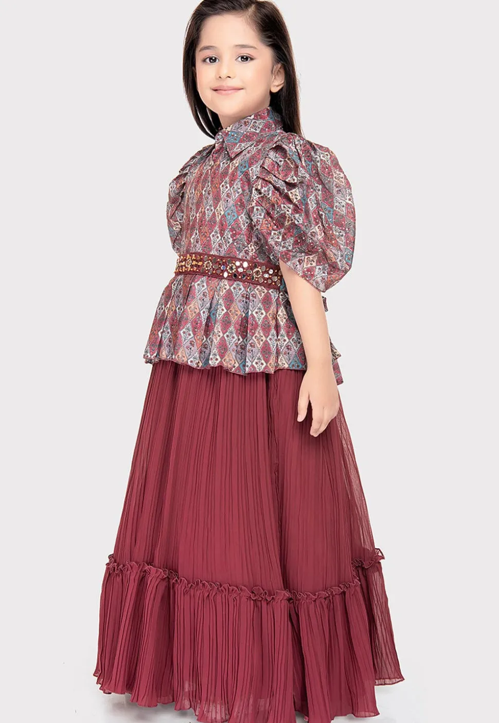 Digital Printed Georgette Gown in Multicolor and Maroon