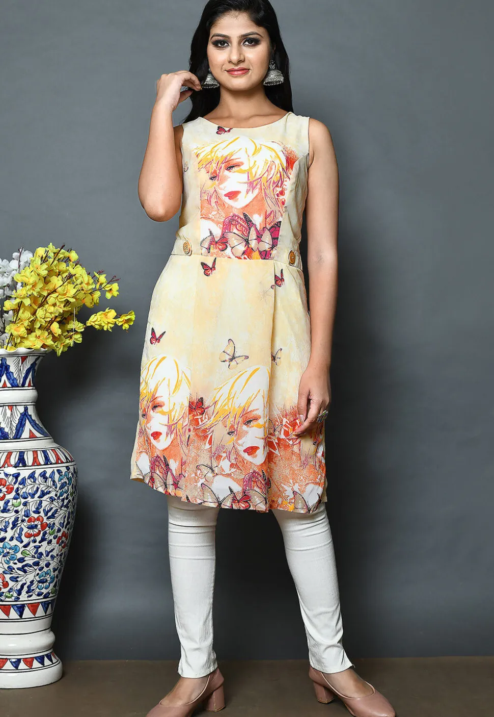 Digital Printed Georgette A Line Kurti in Cream
