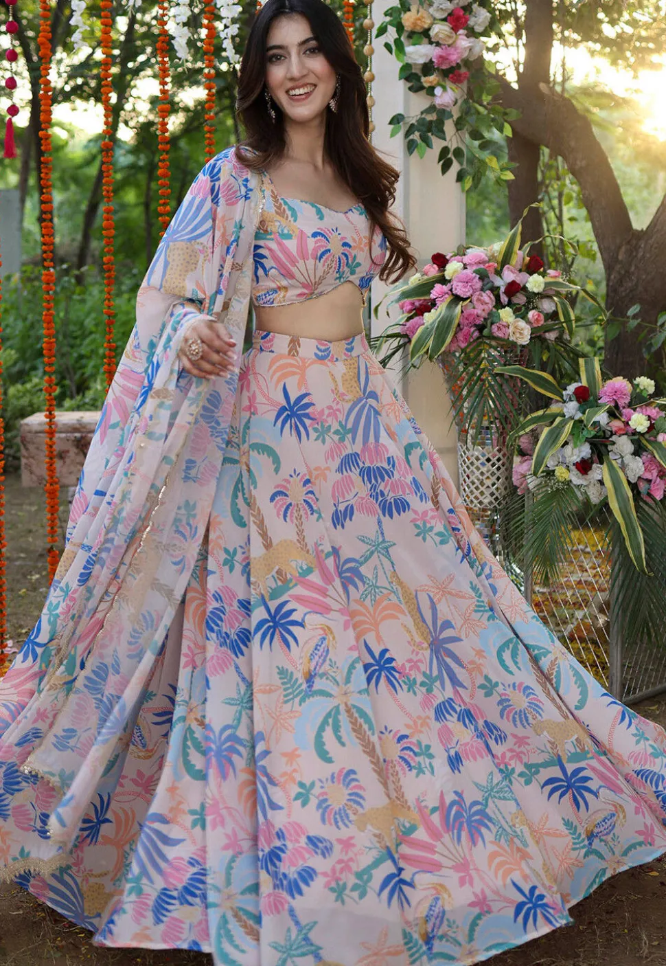 Digital Printed Georgette Lehenga in Cream