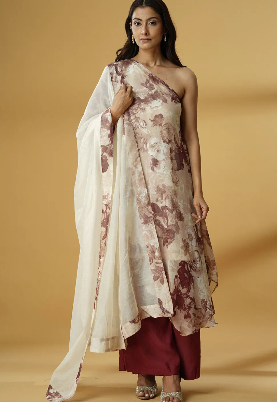 Digital Printed Georgette A Line Suit in Beige