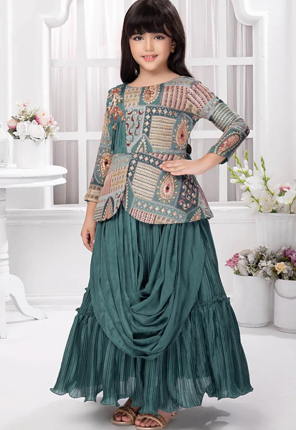 Digital Printed Georgette Gown in Dusty Blue