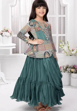 Digital Printed Georgette Gown in Dusty Blue
