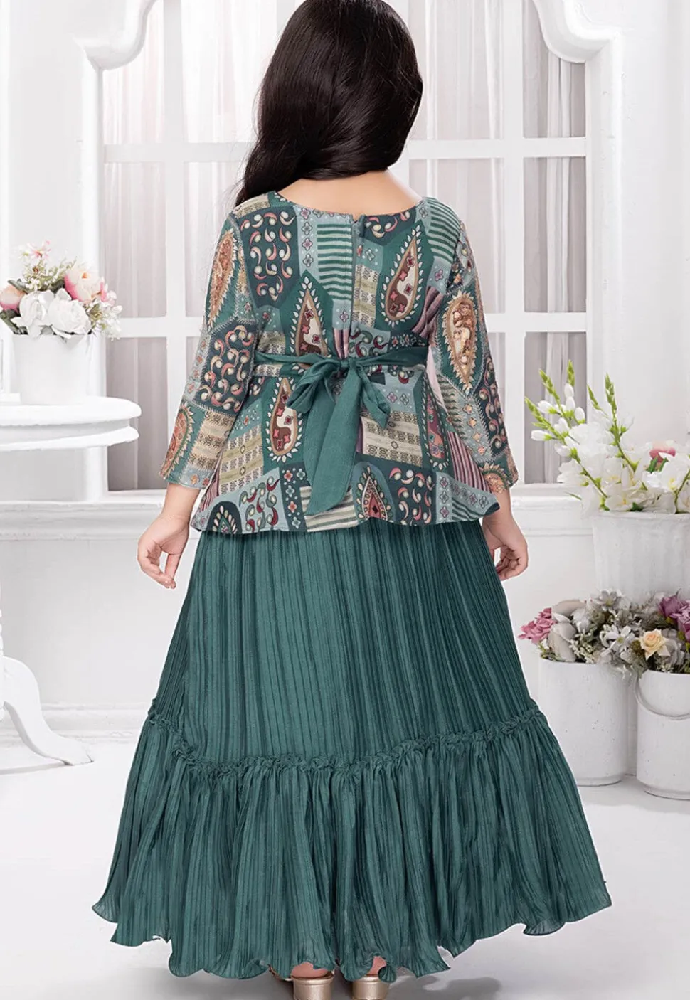 Digital Printed Georgette Gown in Dusty Blue
