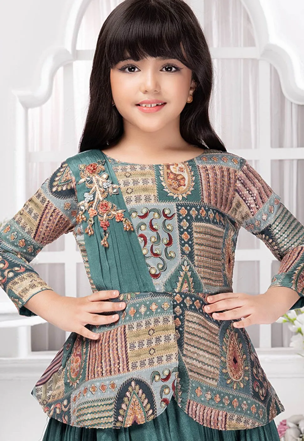 Digital Printed Georgette Gown in Dusty Blue