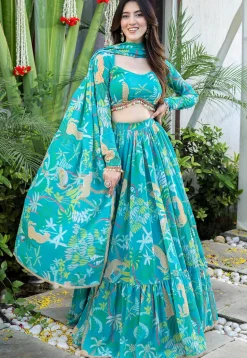 Digital Printed Georgette Lehenga in Teal Blue