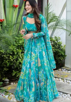 Digital Printed Georgette Lehenga in Teal Blue