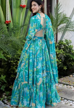 Digital Printed Georgette Lehenga in Teal Blue