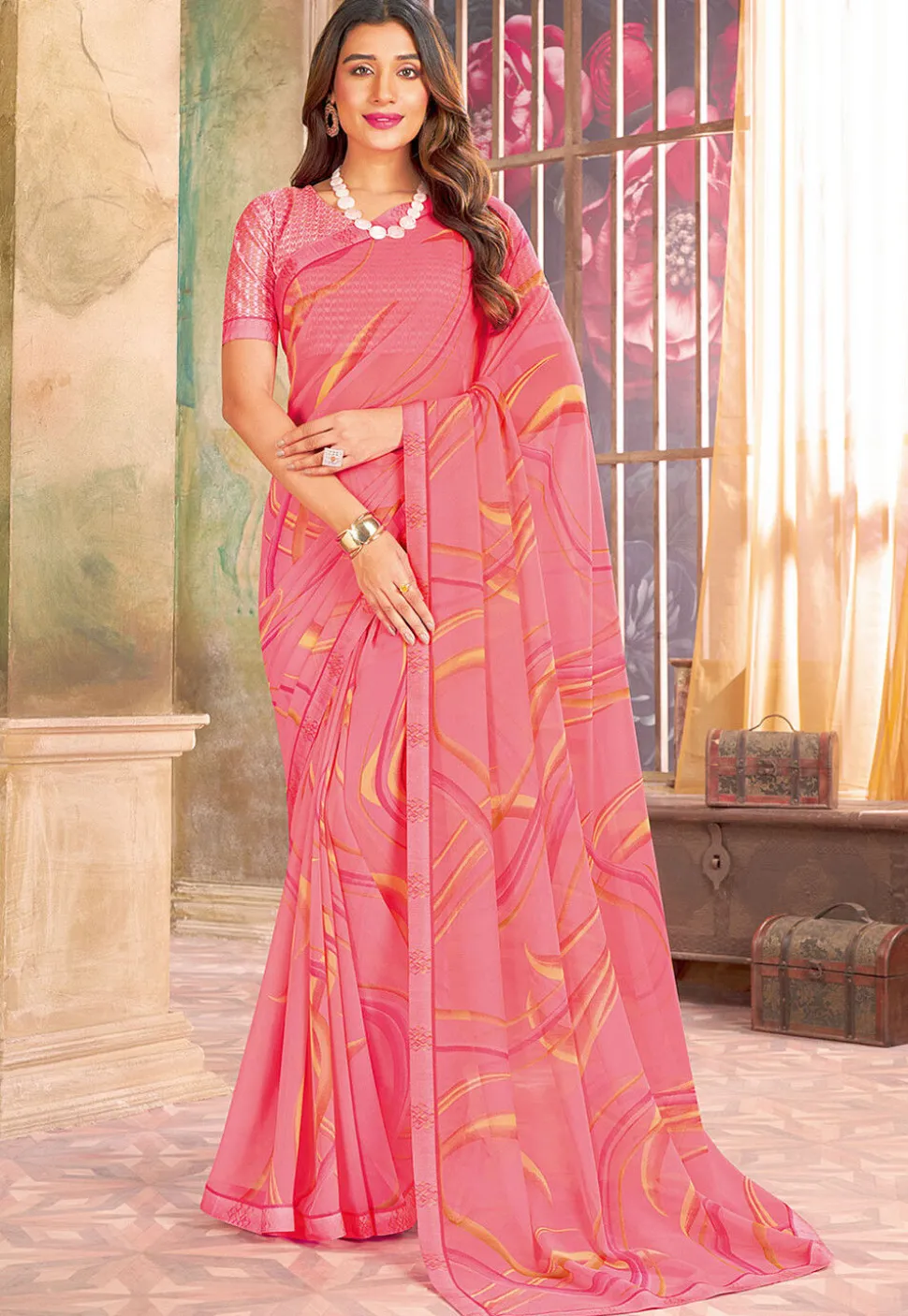 Digital Printed Georgette Saree in Pink
