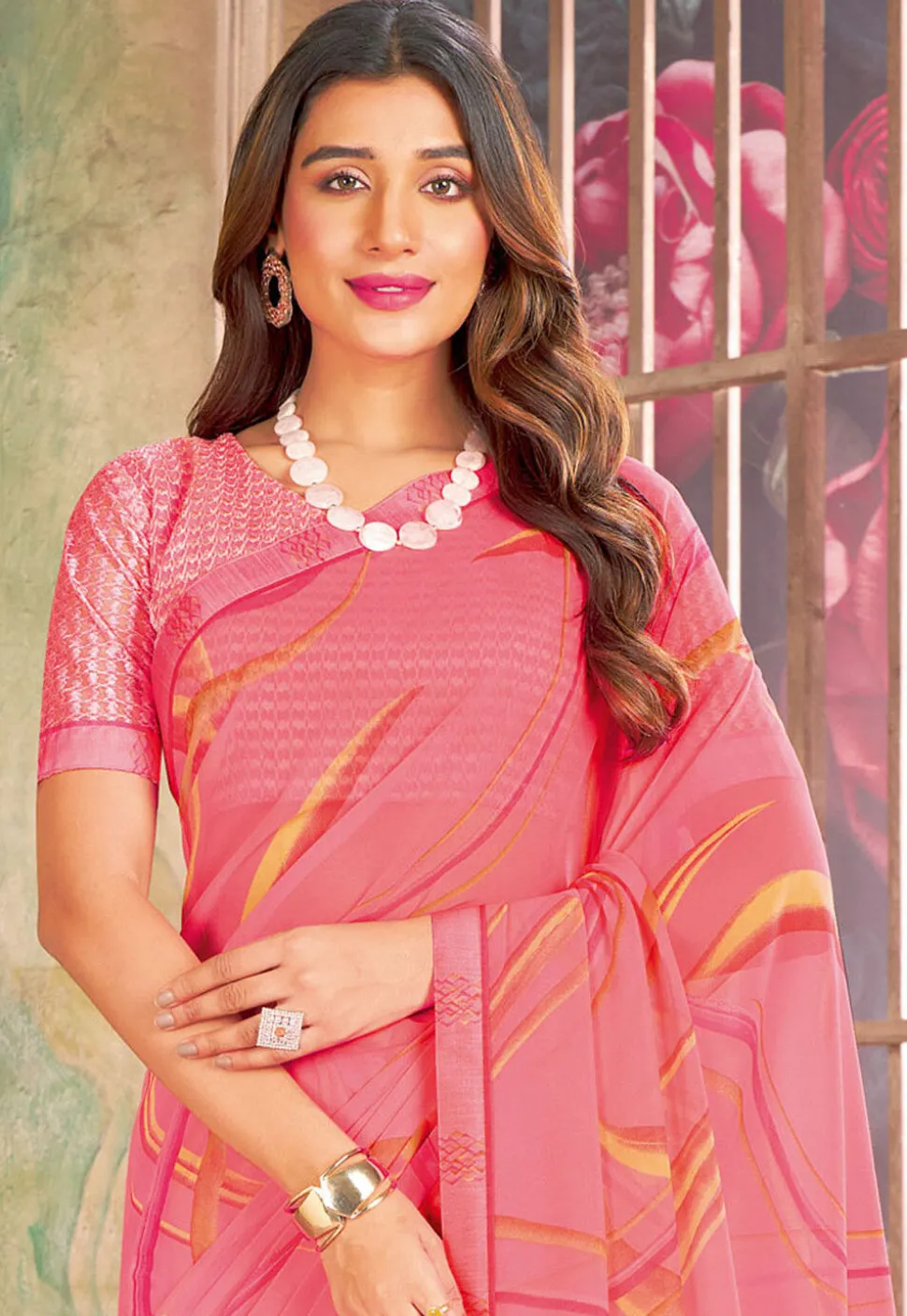 Digital Printed Georgette Saree in Pink