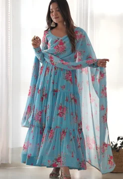 Digital Printed Georgette Tiered Abaya Style Suit in Sky Blue