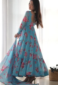 Digital Printed Georgette Tiered Abaya Style Suit in Sky Blue