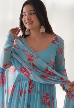 Digital Printed Georgette Tiered Abaya Style Suit in Sky Blue