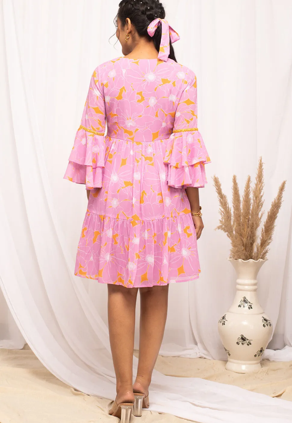 Digital Printed Georgette Short Dress in Pink