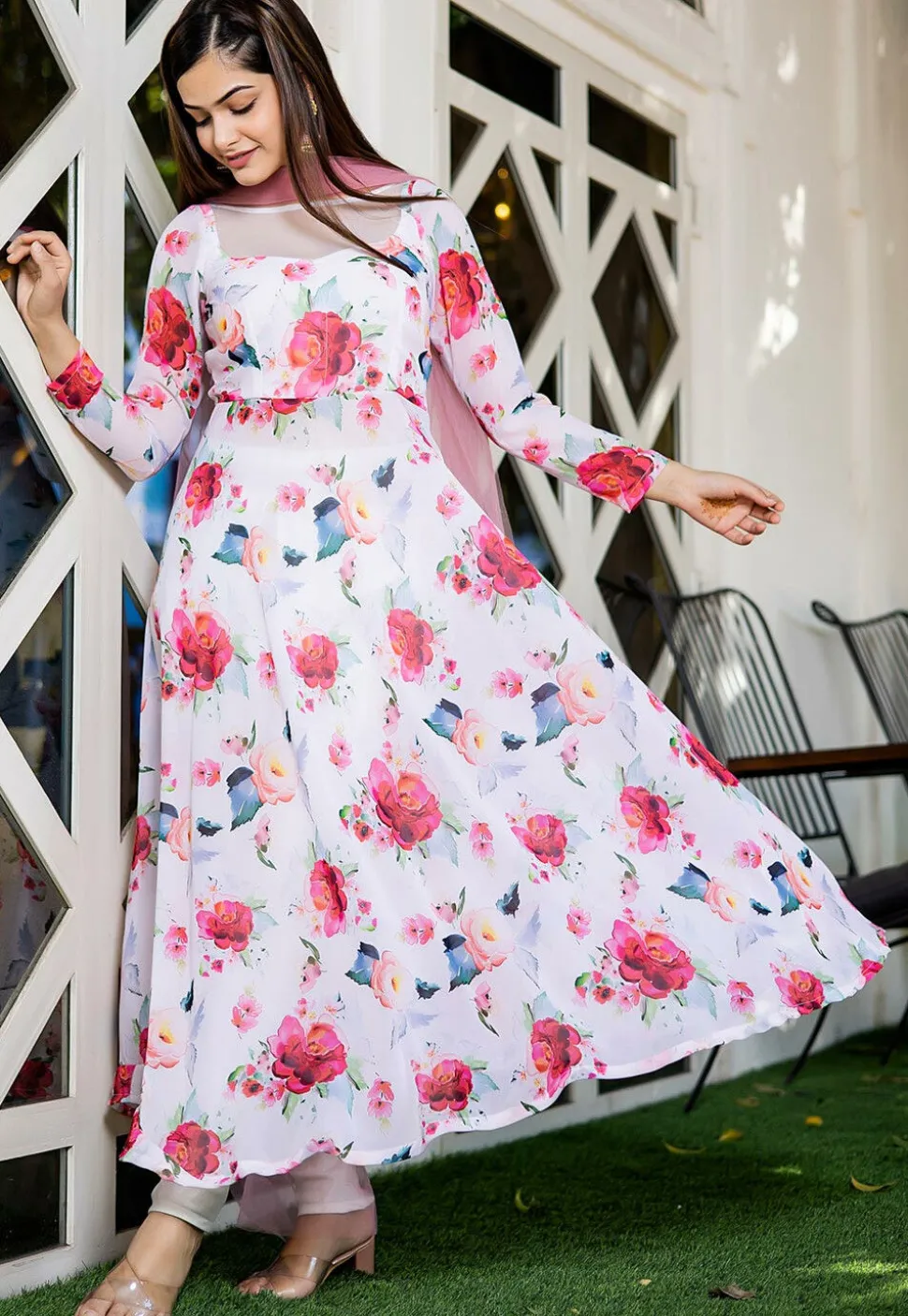 Digital Printed Georgette A Line Suit in Light Pink
