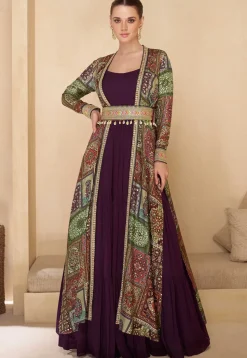 Digital Printed Georgette Gown in Wine