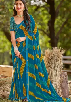 Digital Printed Georgette Saree in Teal Blue