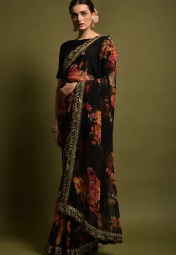 Digital Printed Georgette Saree in Black