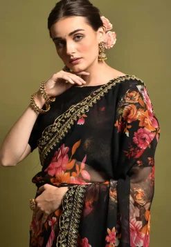 Digital Printed Georgette Saree in Black