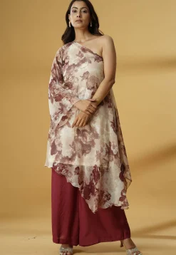 Digital Printed Georgette Asymmetric A Line Kurta Set in Light Beige