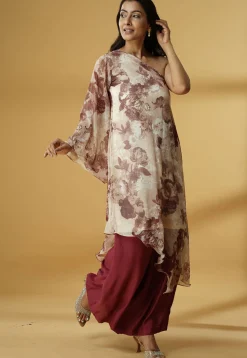 Digital Printed Georgette Asymmetric A Line Kurta Set in Light Beige