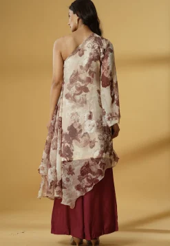Digital Printed Georgette Asymmetric A Line Kurta Set in Light Beige