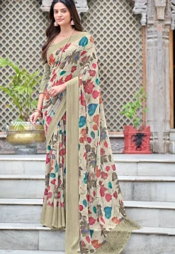 Digital Printed Georgette Saree in Beige