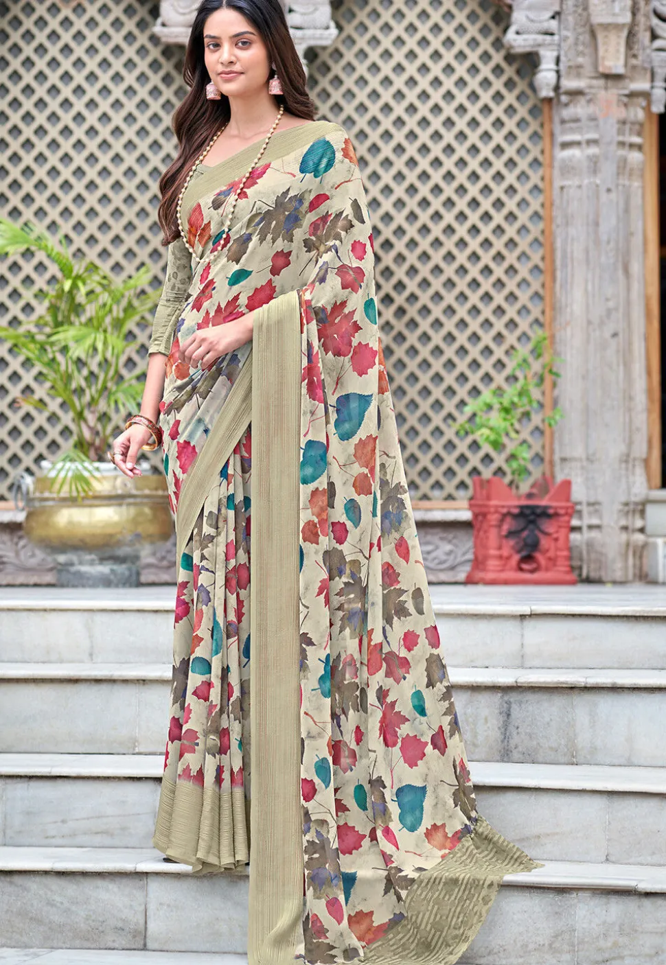 Digital Printed Georgette Saree in Beige