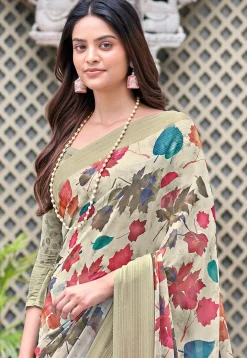 Digital Printed Georgette Saree in Beige