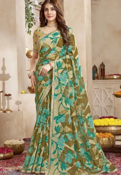 Digital Printed Georgette Saree in Beige and Brown