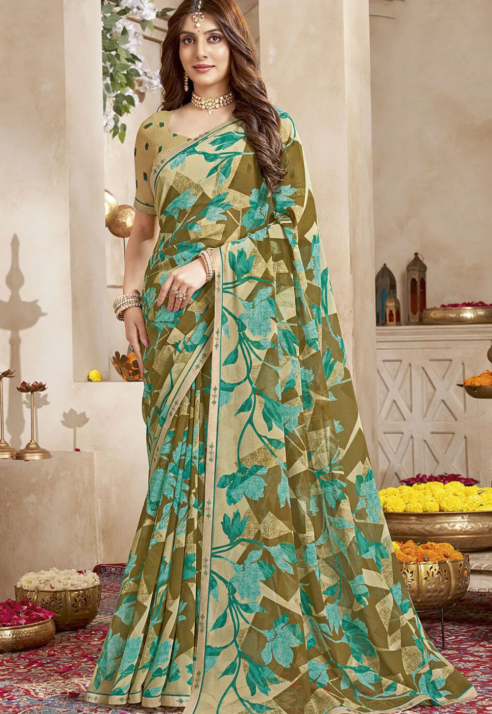 Digital Printed Georgette Saree in Beige and Brown