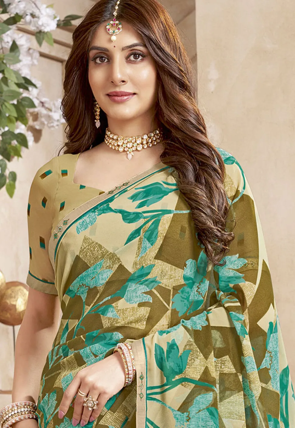 Digital Printed Georgette Saree in Beige and Brown