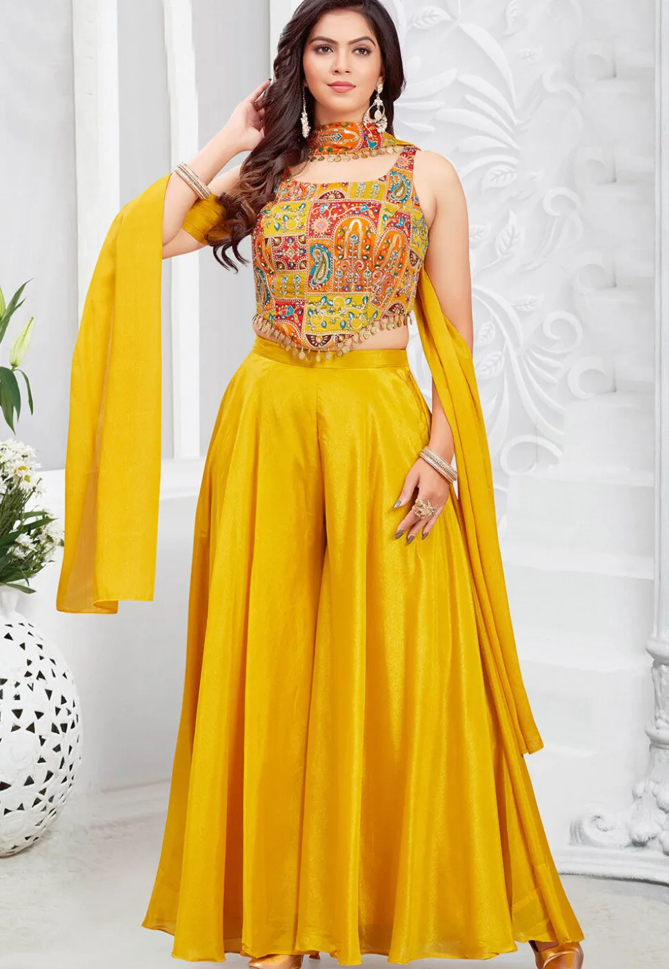Digital Printed Georgette Crop Top Set in Mustard