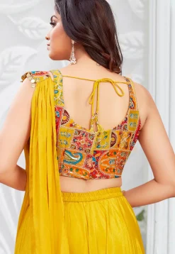 Digital Printed Georgette Crop Top Set in Mustard