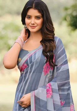 Digital Printed Georgette Saree in Grey