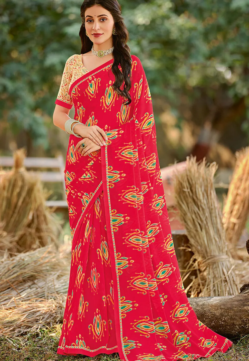 Digital Printed Georgette Saree in Red