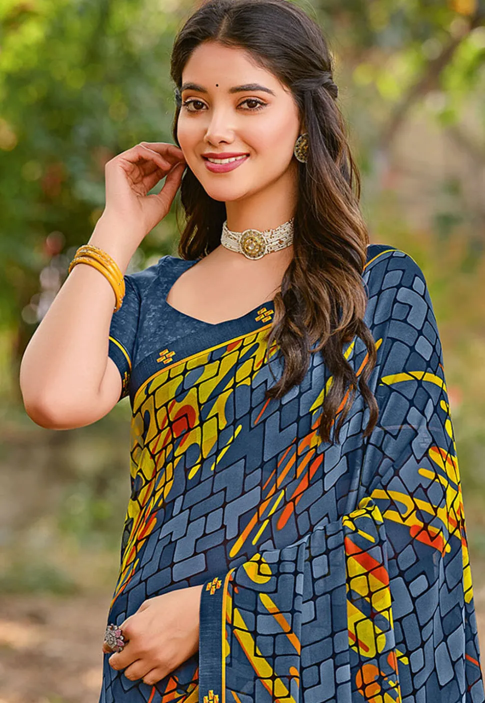 Digital Printed Georgette Saree in Dusty Blue