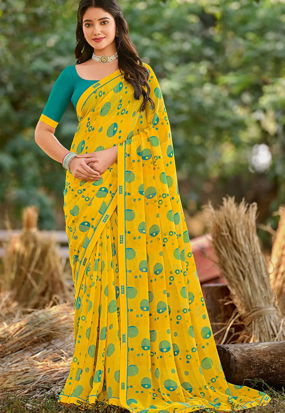 Digital Printed Georgette Saree in Yellow