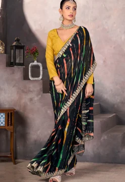 Digital Printed Georgette Scalloped Saree in Black
