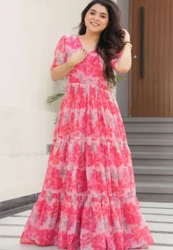 Digital Printed Georgette Tiered Gown in Pink