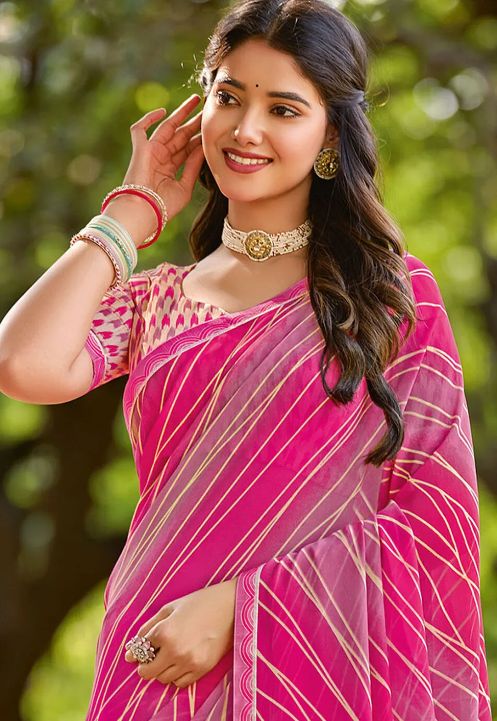 Digital Printed Georgette Saree in Pink