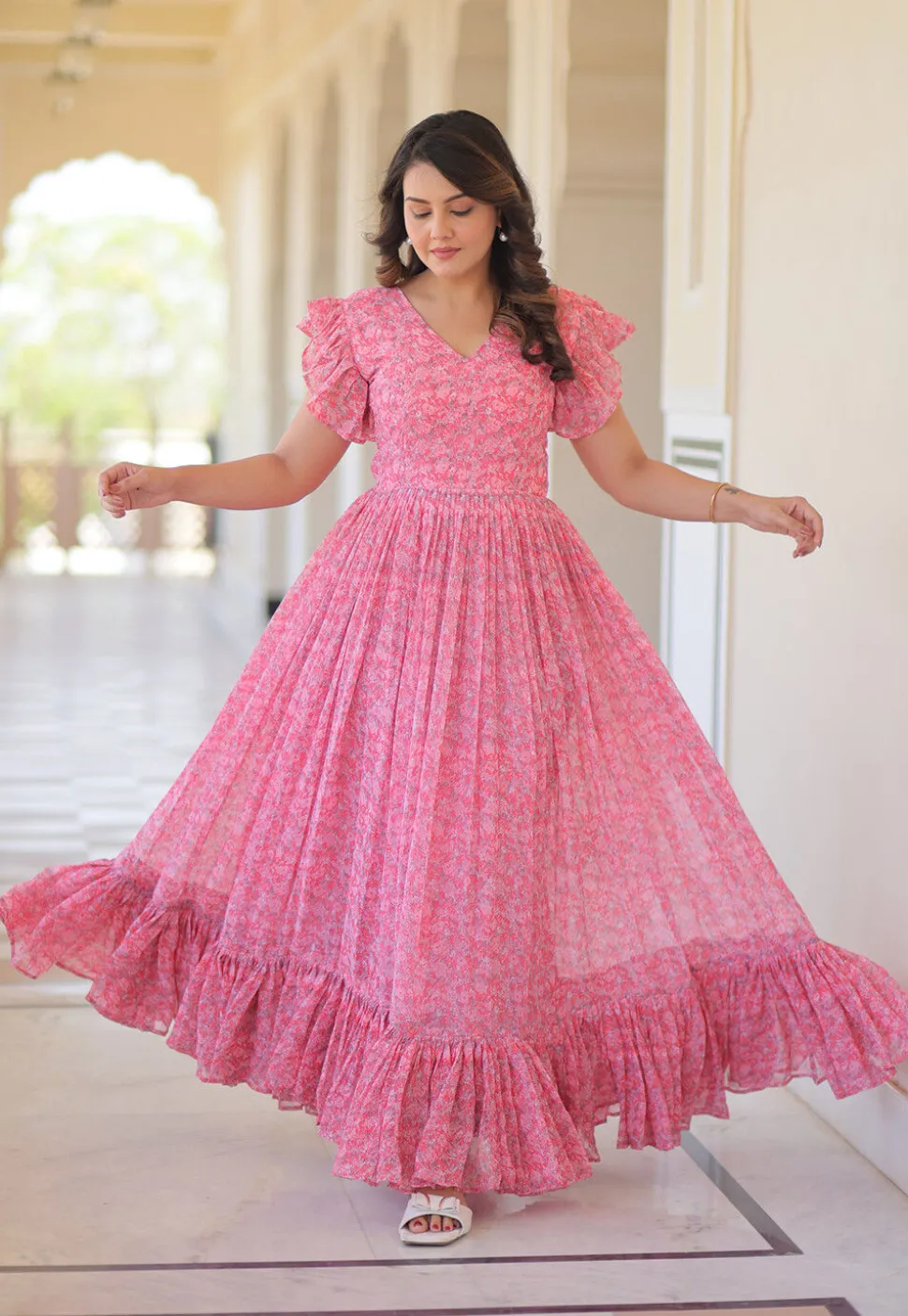 Digital Printed Georgette Maxi Dress in Pink