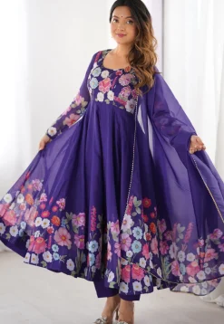 Digital Printed Georgette A Line Suit in Purple