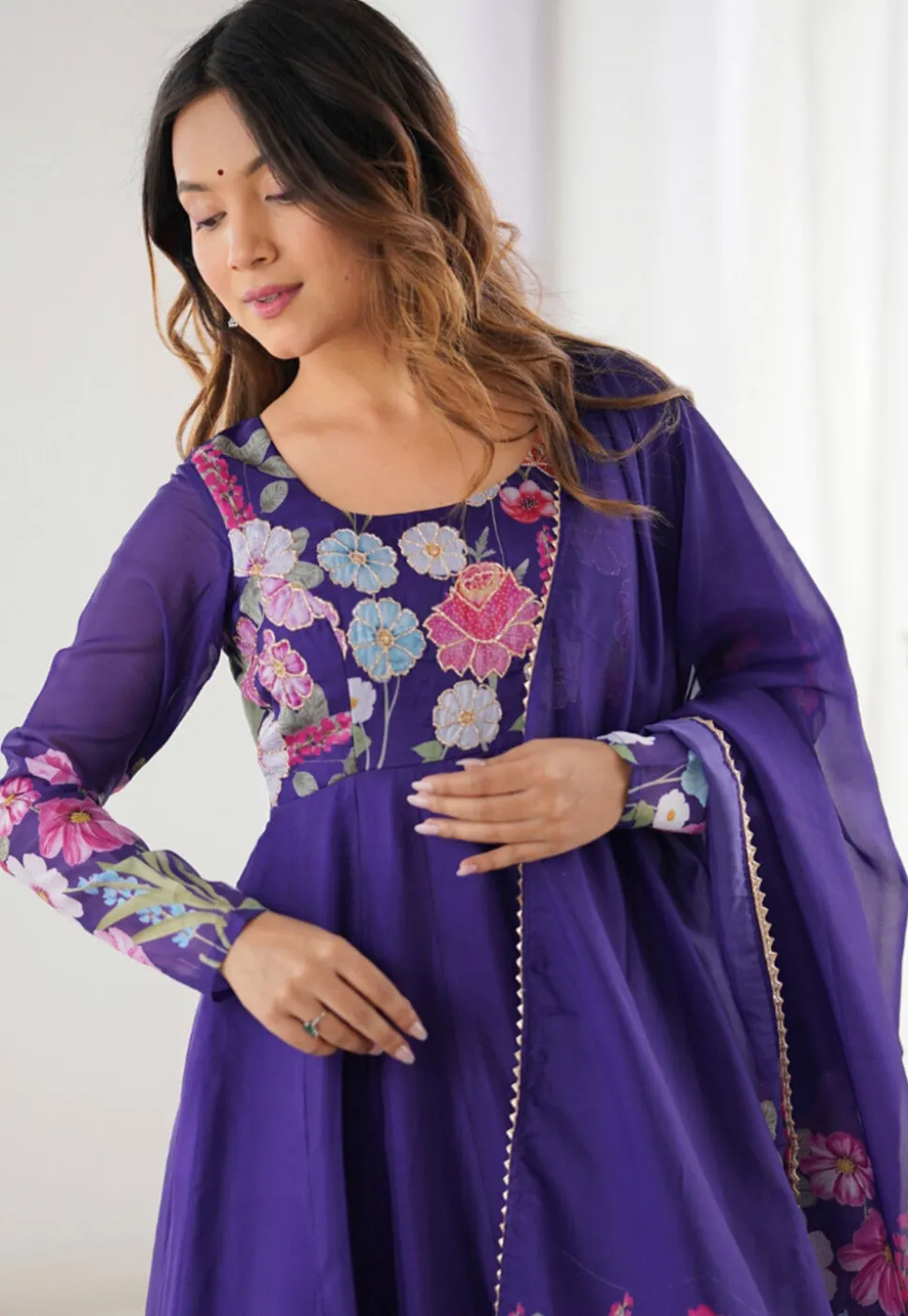 Digital Printed Georgette A Line Suit in Purple