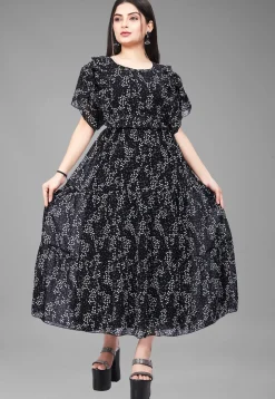 Digital Printed Georgette Maxi Dress in Black