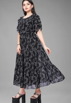 Digital Printed Georgette Maxi Dress in Black