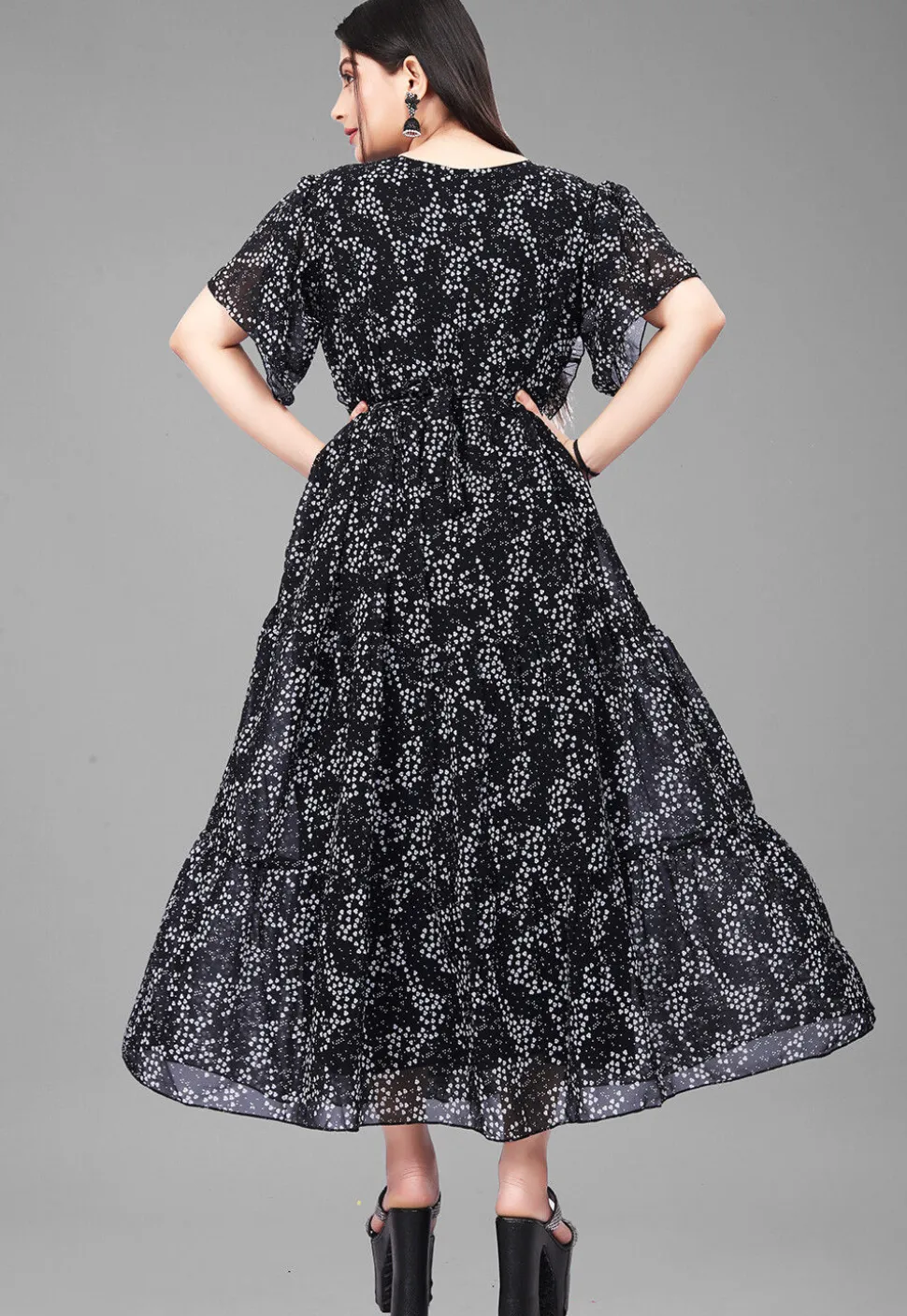 Digital Printed Georgette Maxi Dress in Black